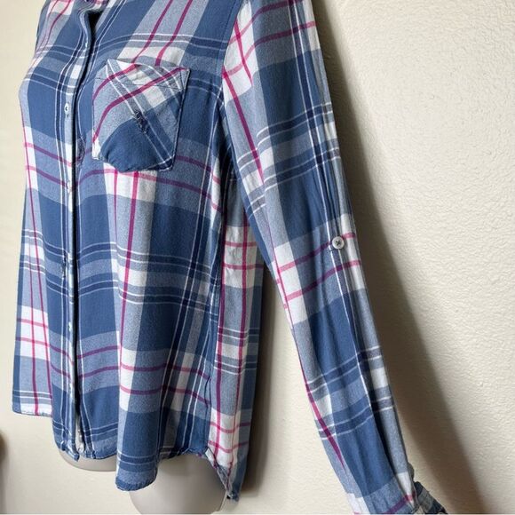Woolrich Distressed Plaid Flannel Button Up Long Sleeve Roll Tab Women Medium - Picture 4 of 12